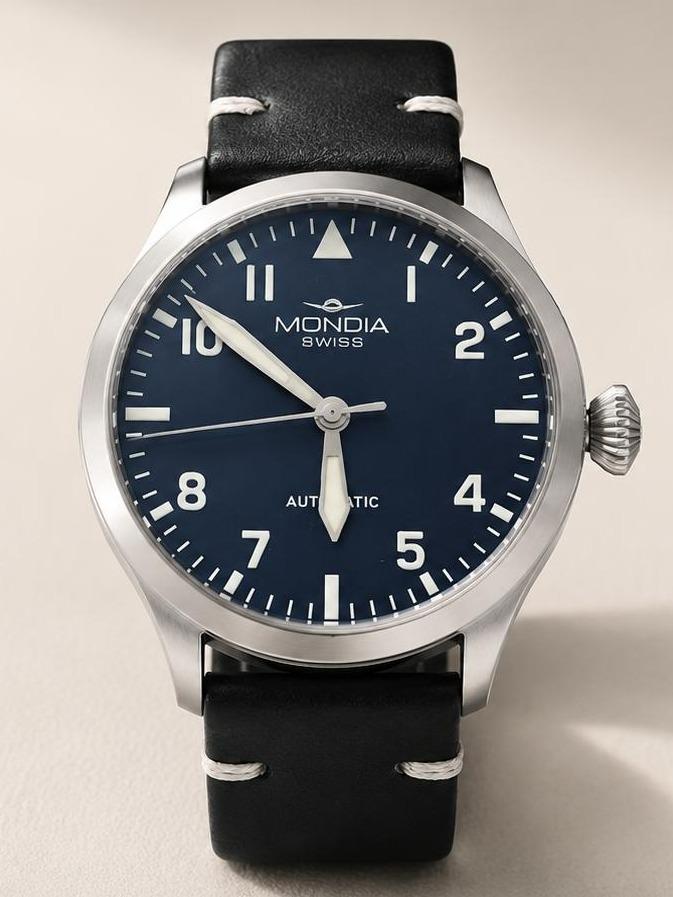 OROLOGIO MONDIA AUTOMATICO IN PELLE NERO SWISS MADE